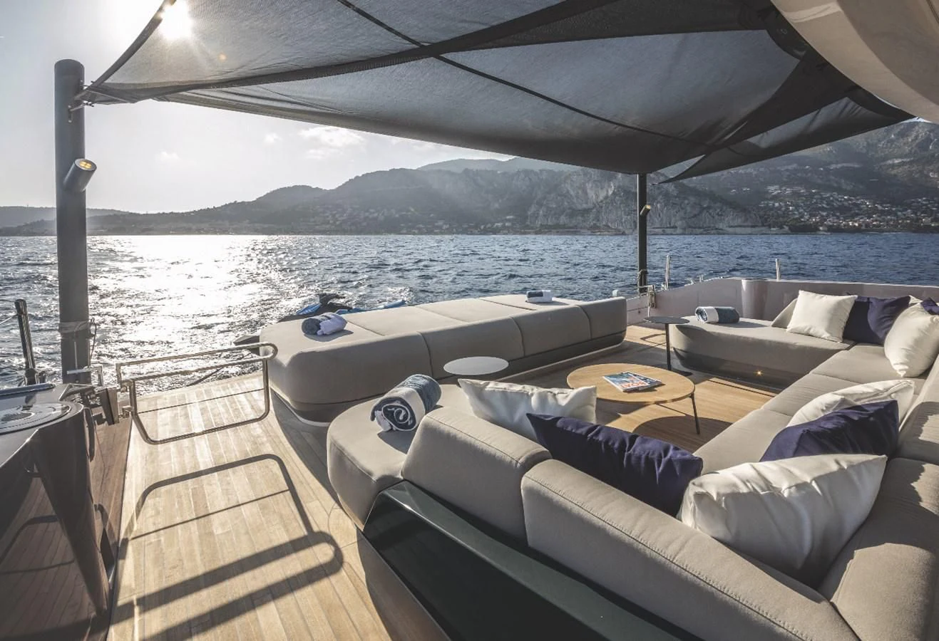 a living room with a large body of water aboard SONEY Yacht for Sale