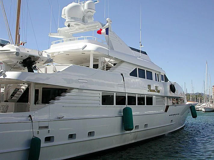 a large white boat in the water aboard MERVE Yacht for Sale