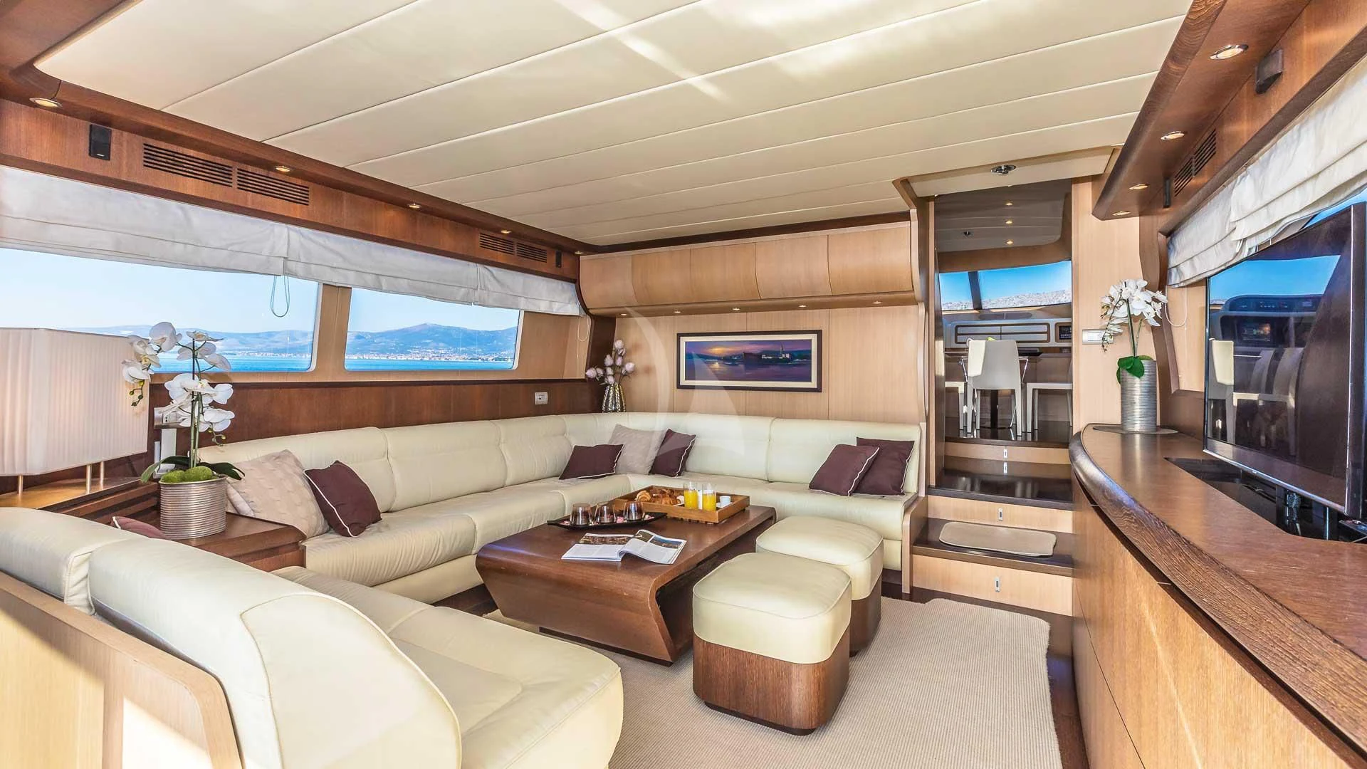 a living room with a large television aboard HOPE I Yacht for Charter