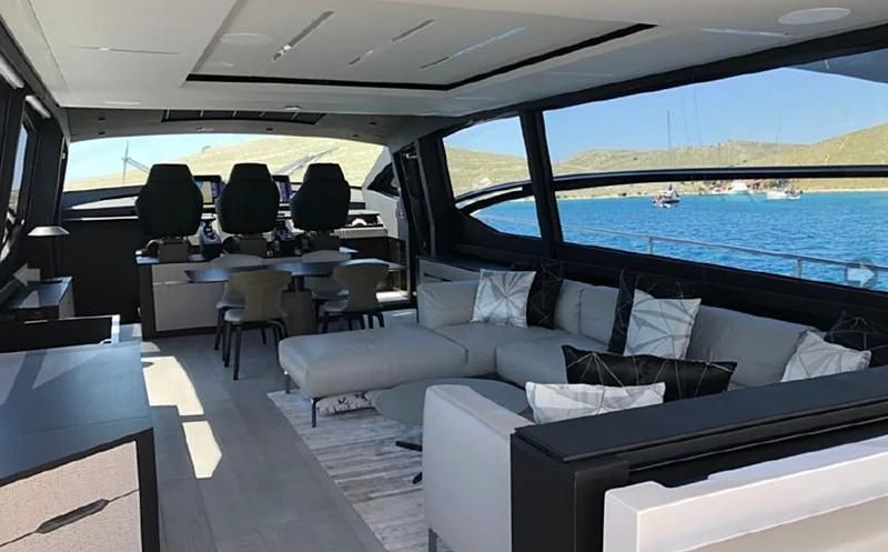 inside of a car aboard MIRLO BLANCO Yacht for Sale