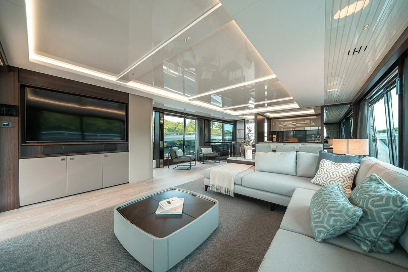 a living room with a large window aboard 90 OCEAN Yacht for Sale
