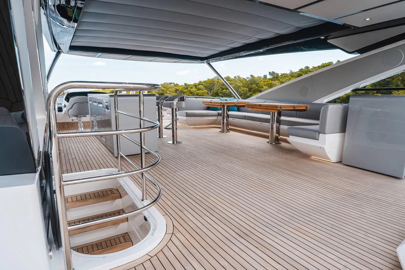 a large white and black deck with a railing and a railing aboard 90 OCEAN Yacht for Sale