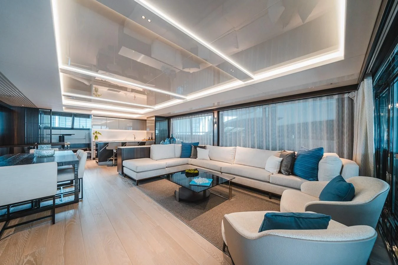 a living room with a large window aboard 90 OCEAN Yacht for Sale