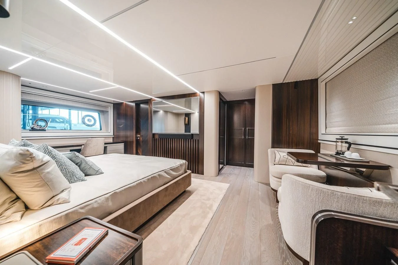 a living room with a large window aboard 90 OCEAN Yacht for Sale