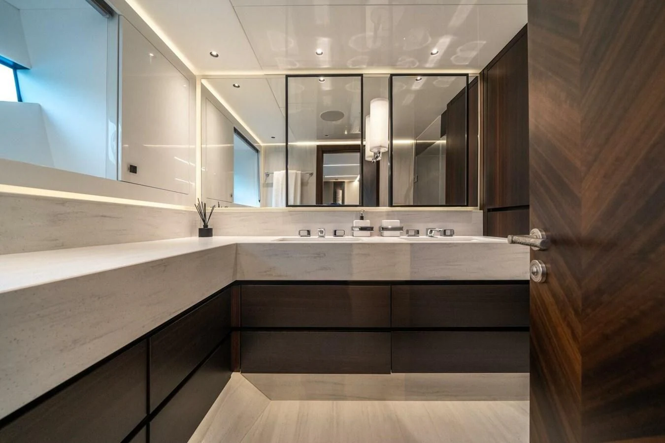 a kitchen with a wooden cabinet aboard 90 OCEAN Yacht for Sale