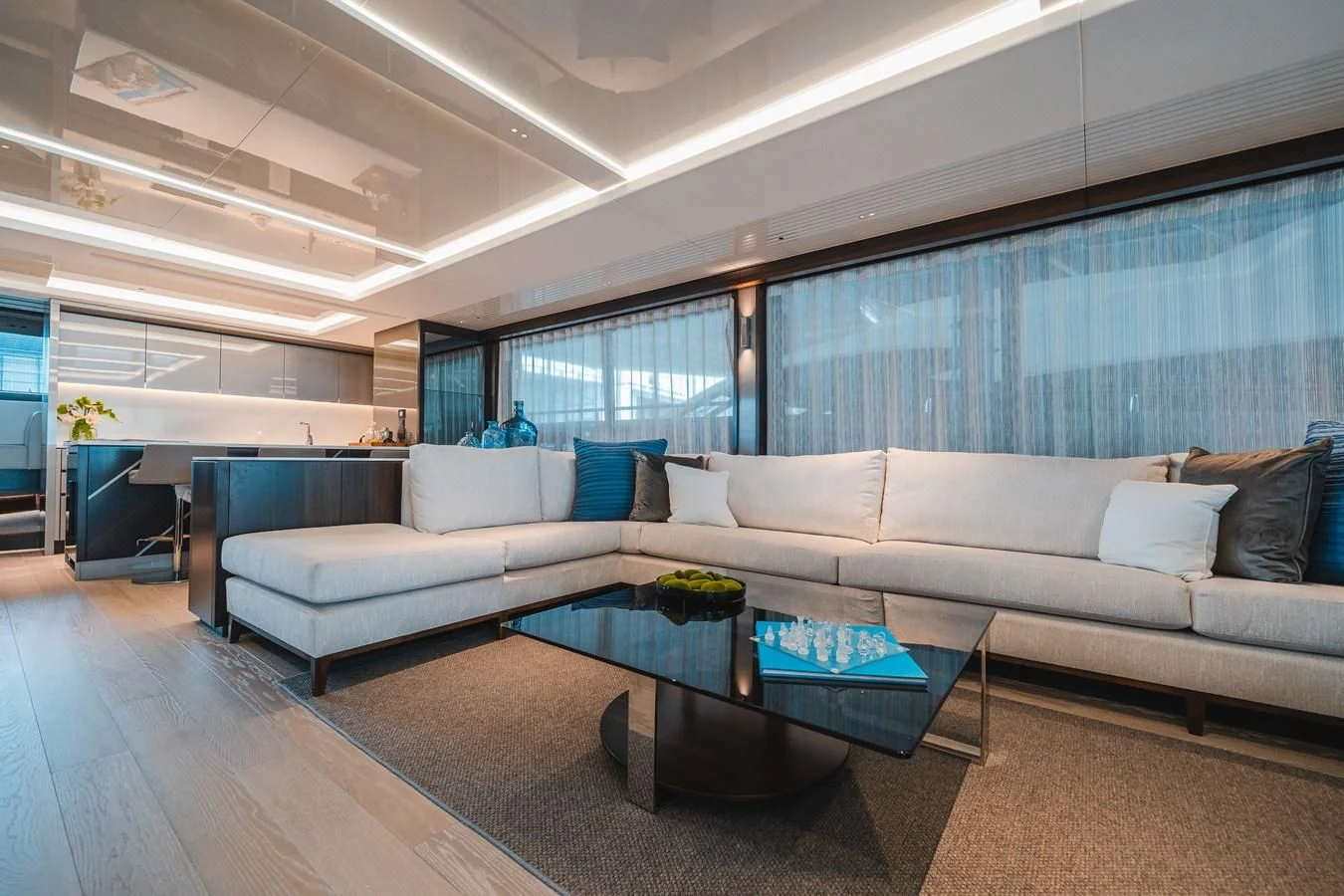 a living room with a couch and a coffee table aboard 90 OCEAN Yacht for Sale