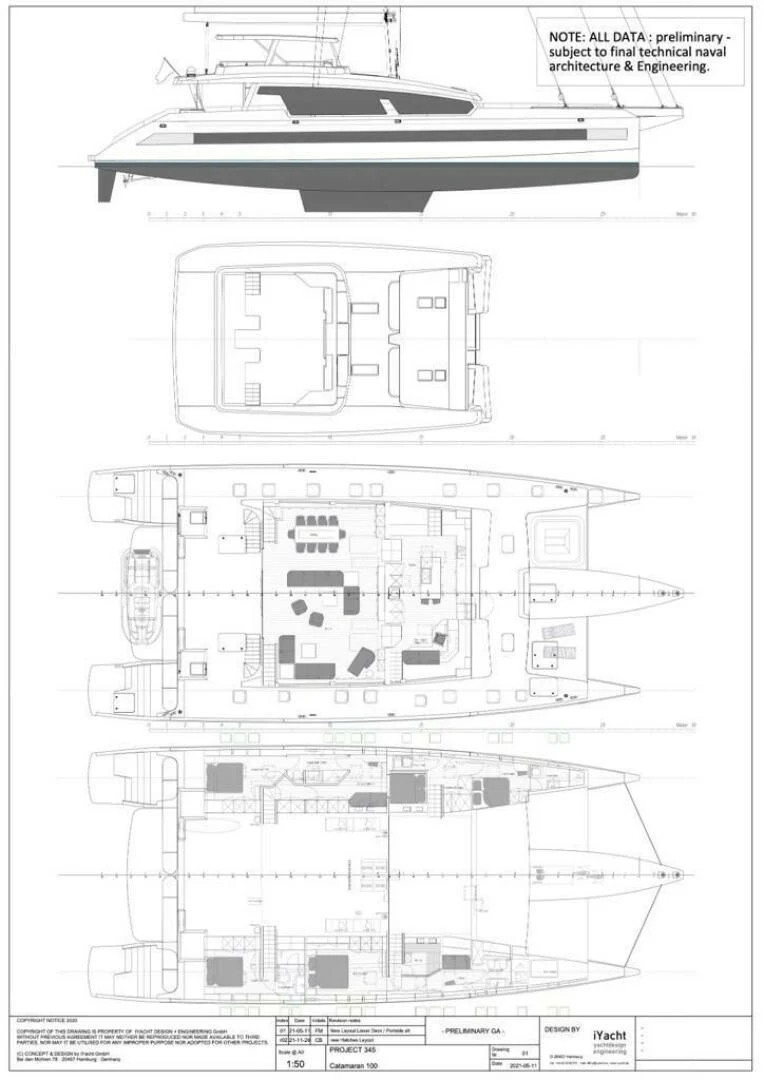 diagram, engineering drawing aboard CUSTOM 107 CATAMARAN Yacht for Sale