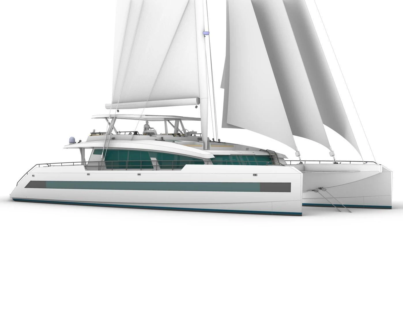 a white boat with a white background aboard CUSTOM 107 CATAMARAN Yacht for Sale