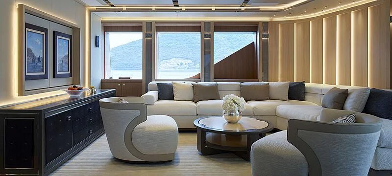 a living room with a large window aboard GAJA Yacht for Sale