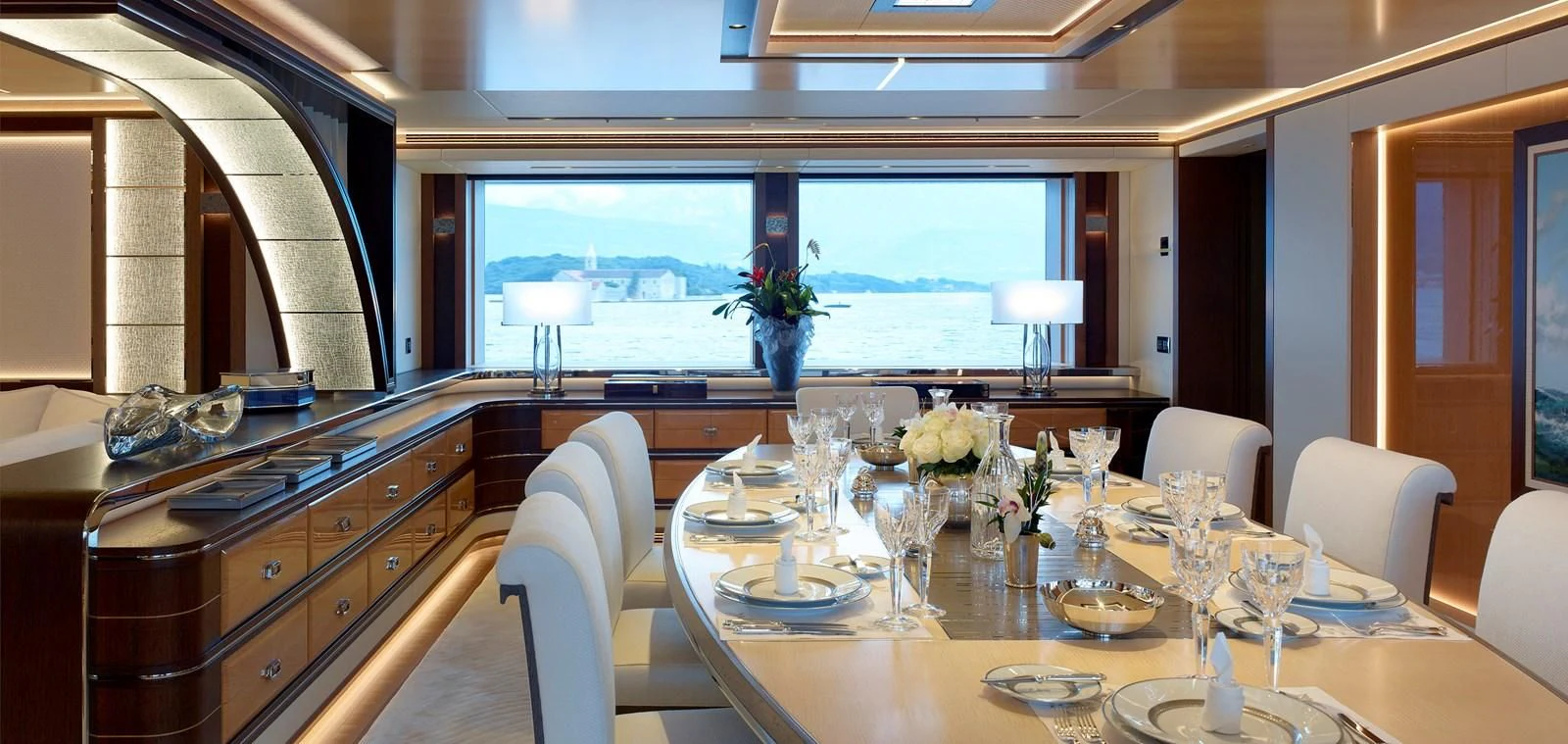 a large kitchen with a large window aboard GAJA Yacht for Sale