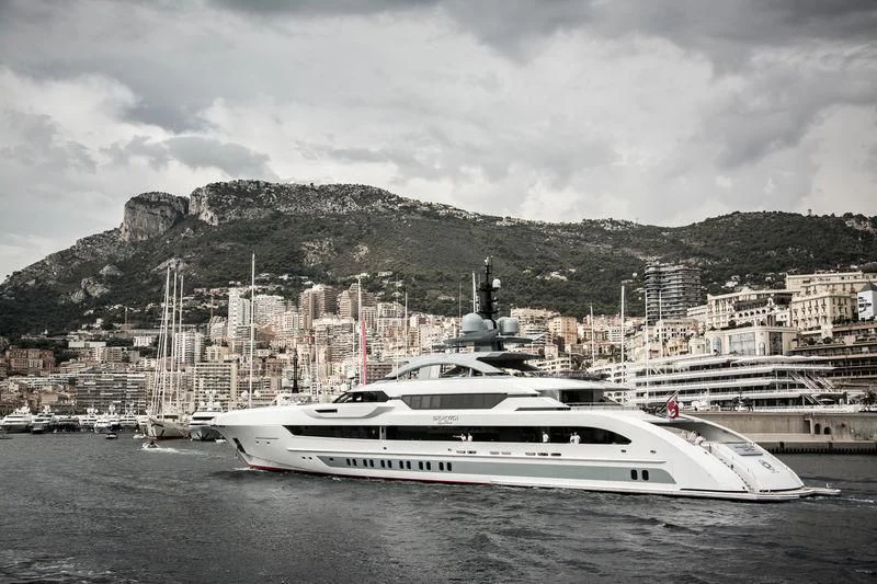a large white boat in the water aboard GAJA Yacht for Sale