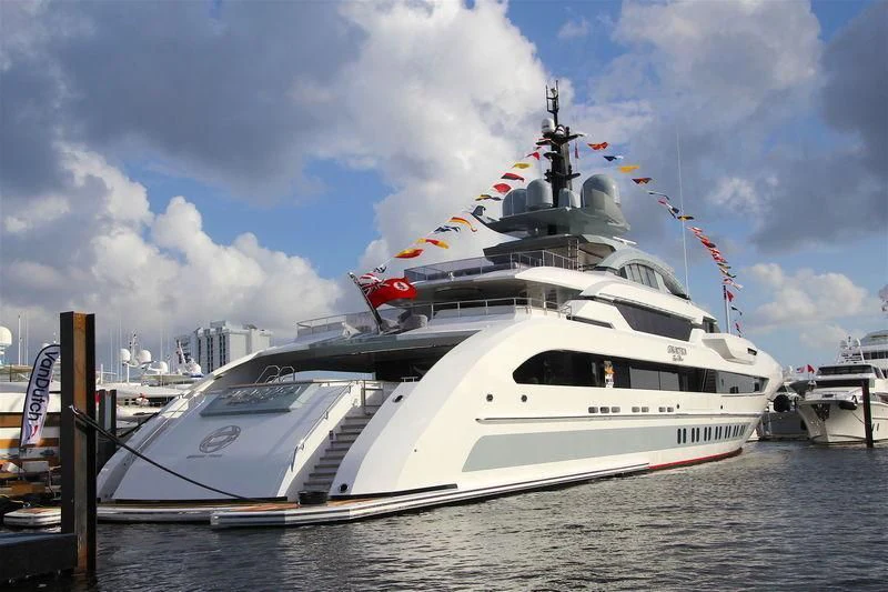 a large white boat in the water aboard GAJA Yacht for Sale