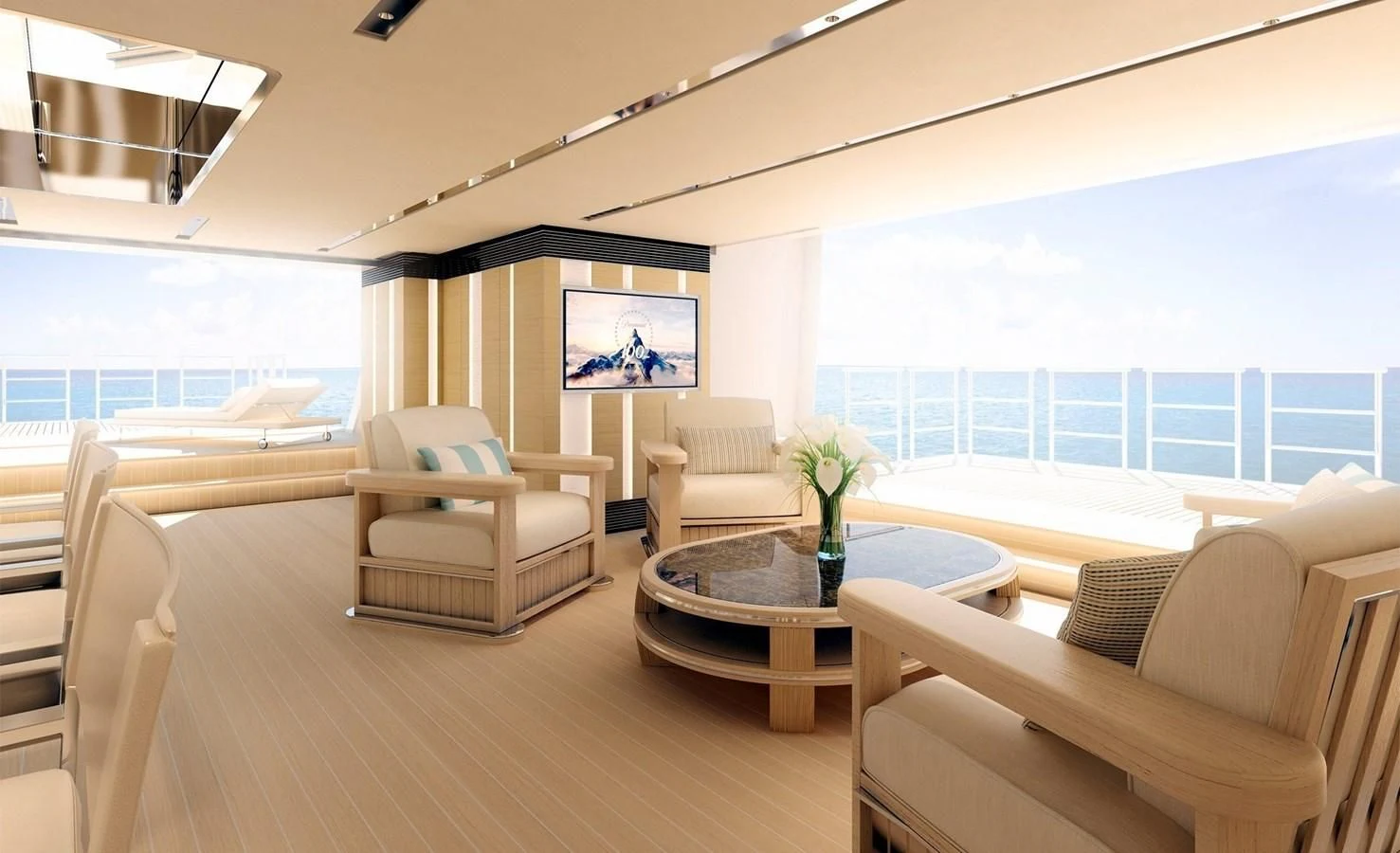 a living room with a large window aboard GAJA Yacht for Sale