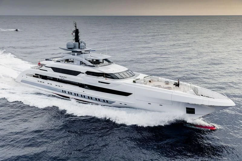 a white yacht in the ocean aboard GAJA Yacht for Sale