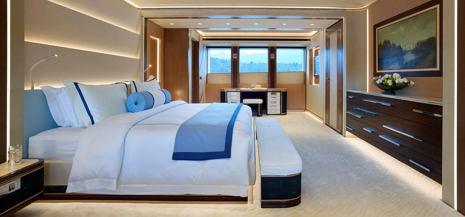 a large bedroom with a large bed aboard GAJA Yacht for Sale