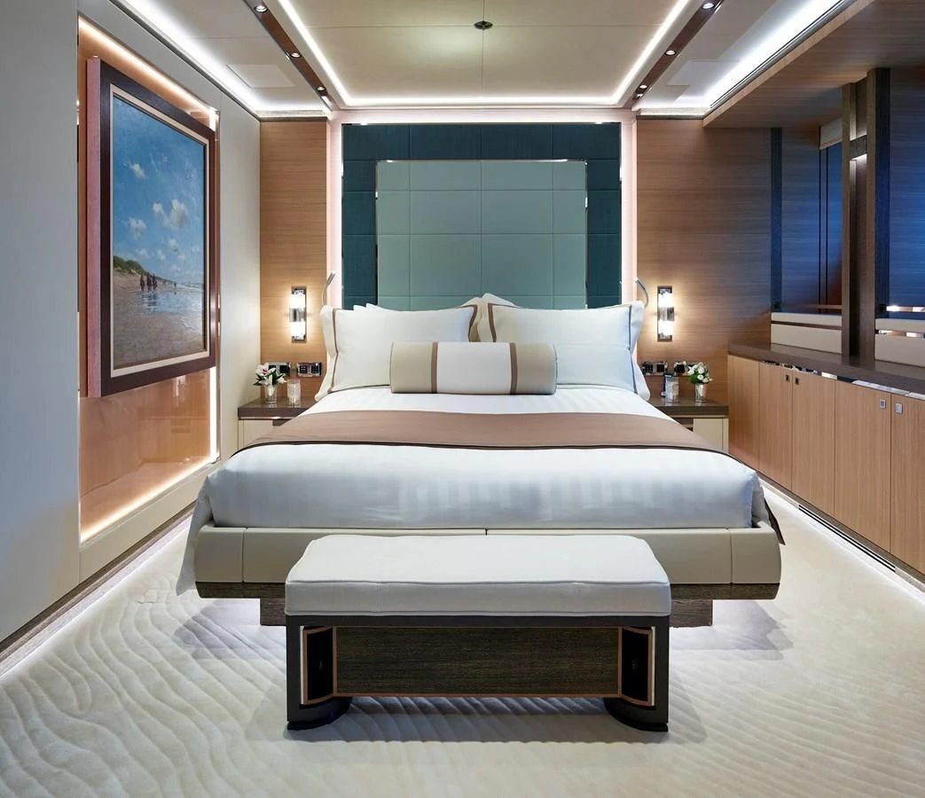a large bed in a room aboard GAJA Yacht for Sale