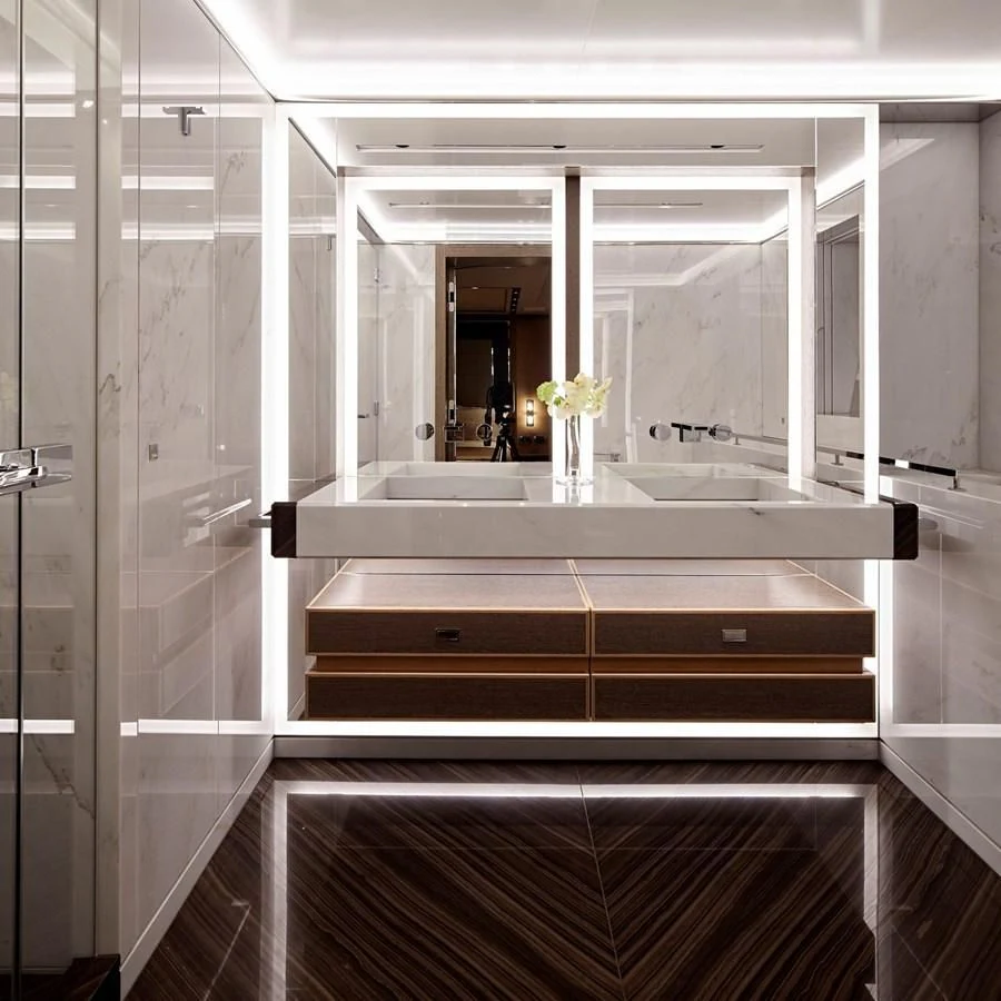 a bathroom with a large mirror aboard GAJA Yacht for Sale