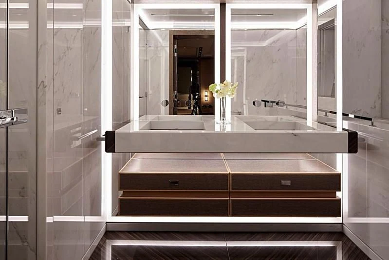a bathroom with a large mirror aboard GAJA Yacht for Sale