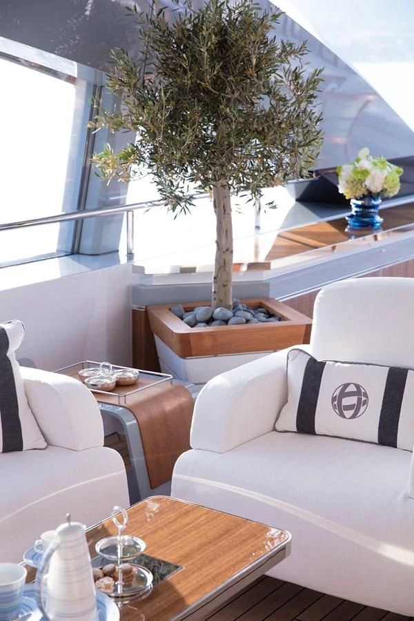 a living room with a tree aboard GAJA Yacht for Sale