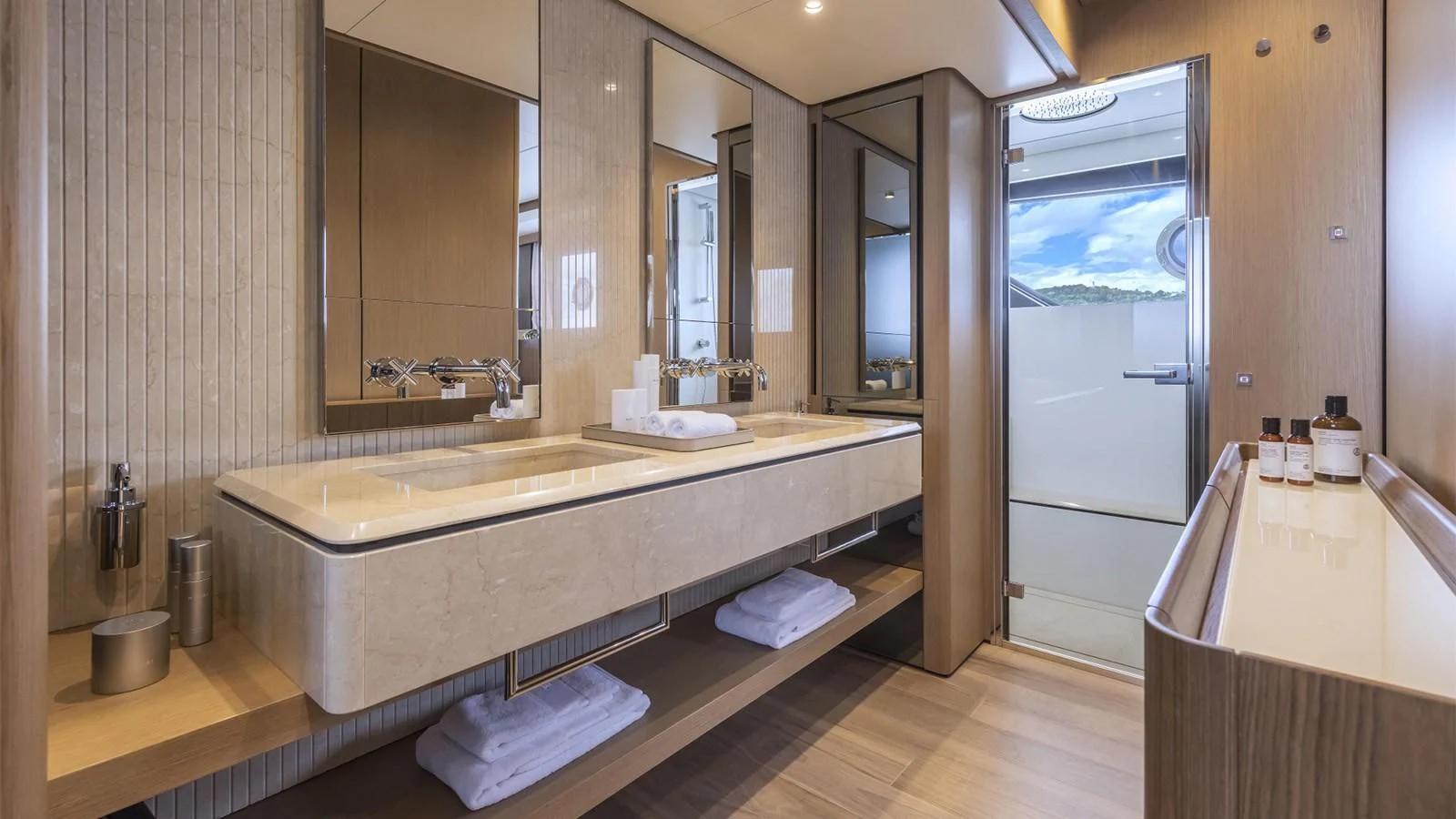 a bathroom with a large countertop aboard FERRETTI 1000 Yacht for Sale