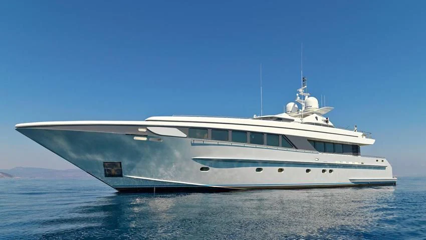 a large white yacht in the water aboard ALMA Yacht for Sale