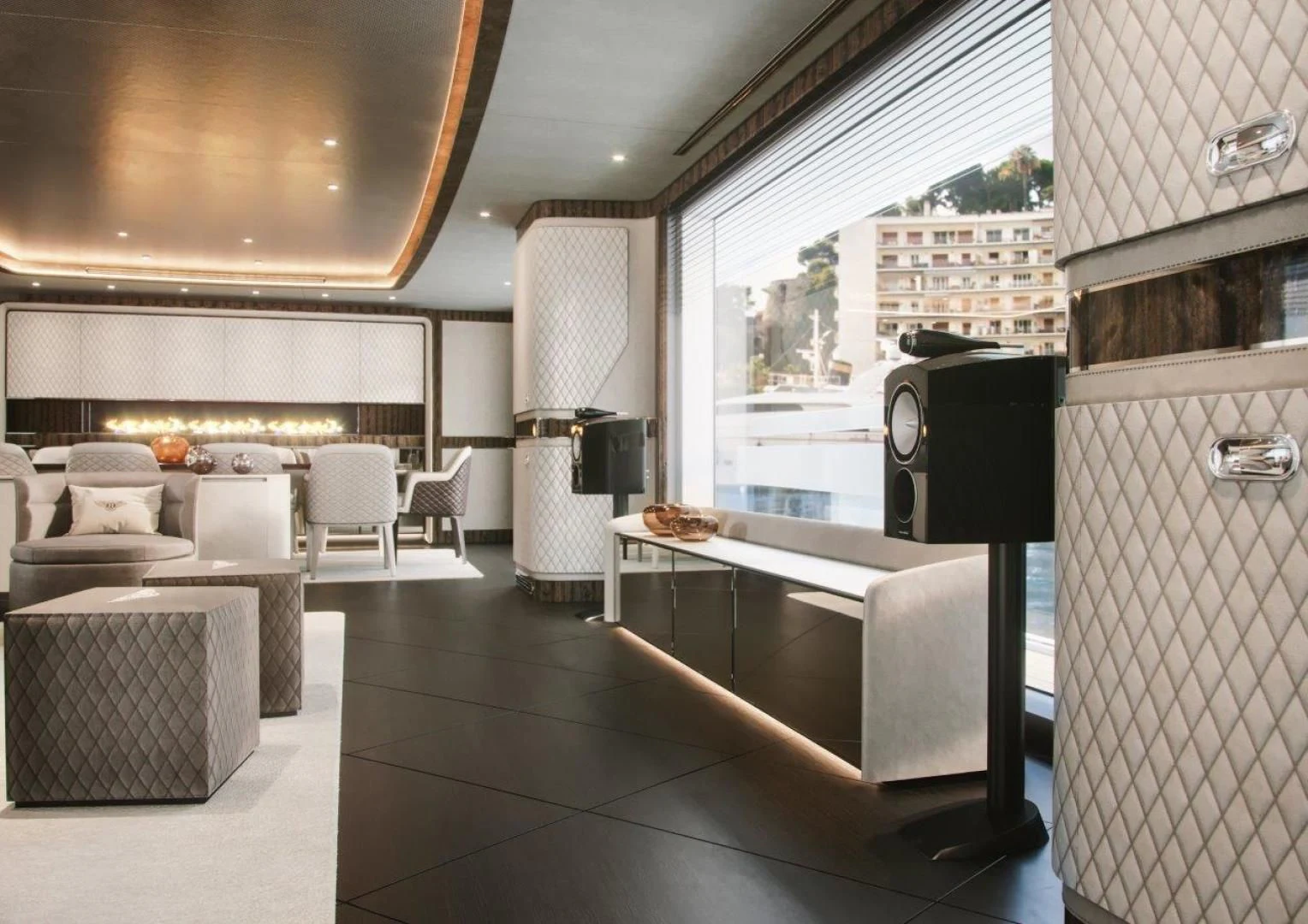 a room with a table and chairs aboard G 380 Yacht for Sale