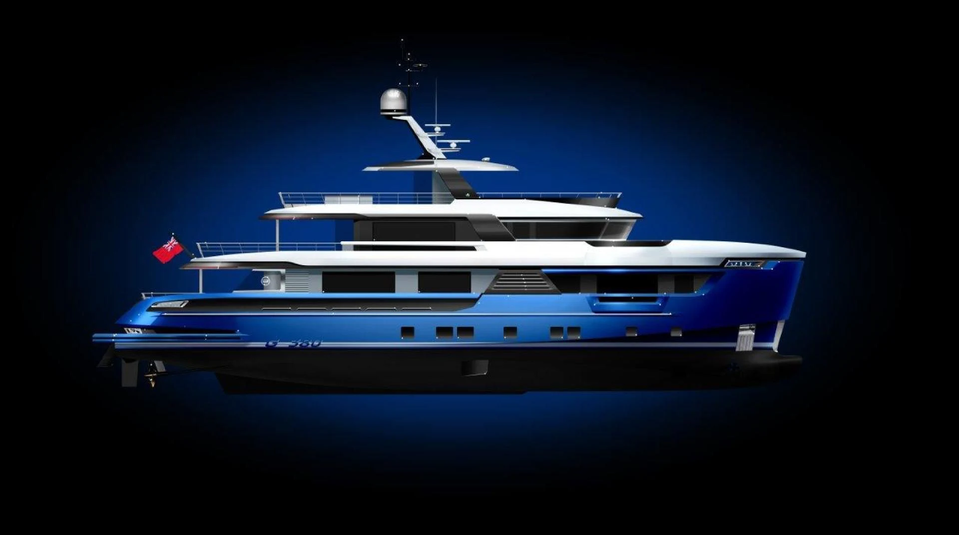 a white and blue boat aboard G 380 Yacht for Sale
