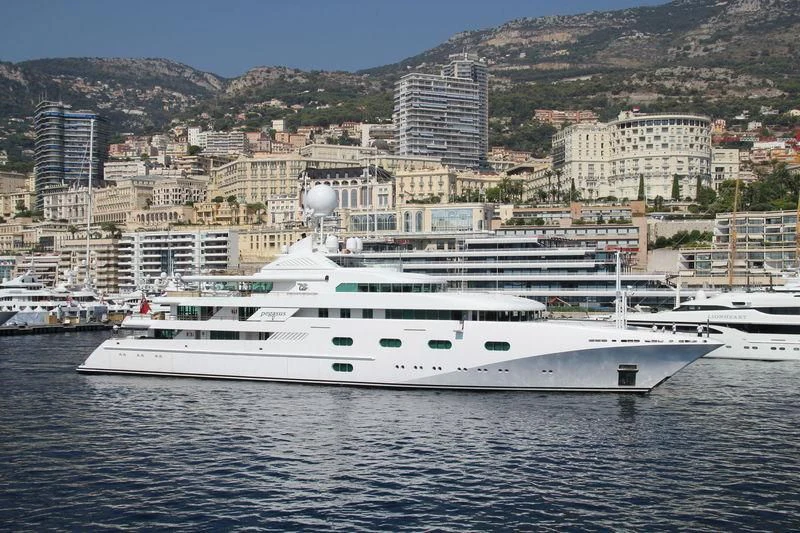 a large white yacht in the water aboard PEGASUS VIII Yacht for Sale