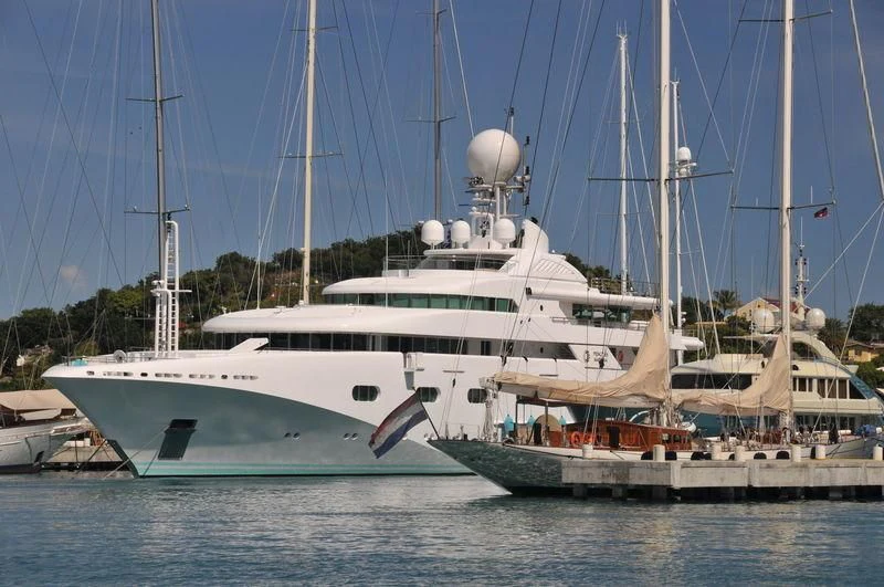 a large white boat in the water aboard PEGASUS VIII Yacht for Sale