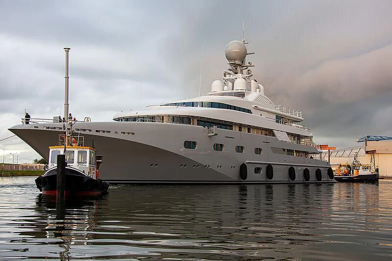 a large white ship docked aboard PEGASUS VIII Yacht for Sale