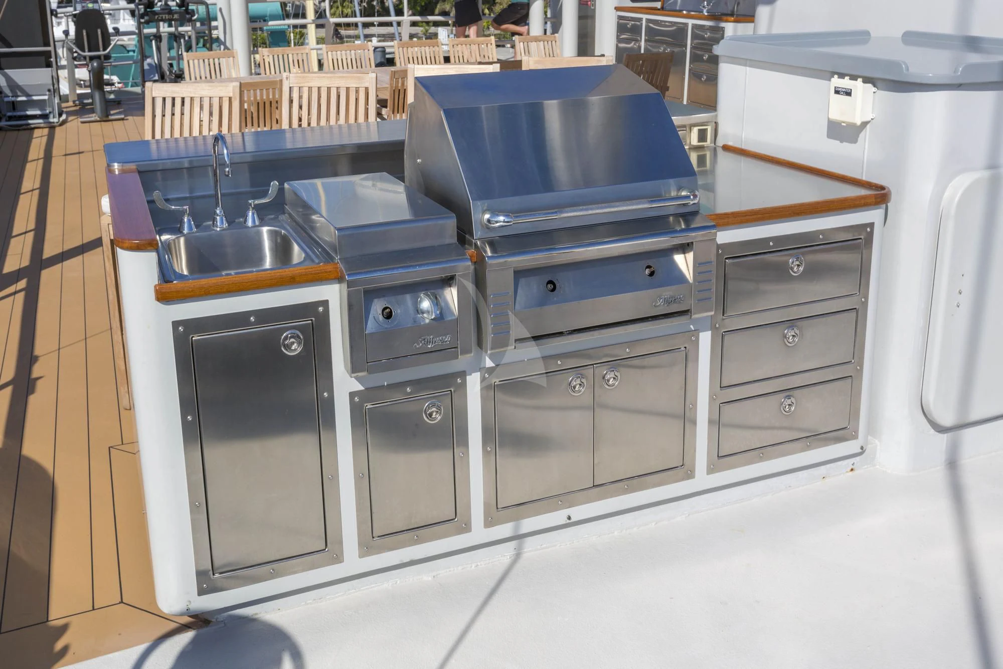a kitchen with a stove and a sink aboard HYDRA Yacht for Sale