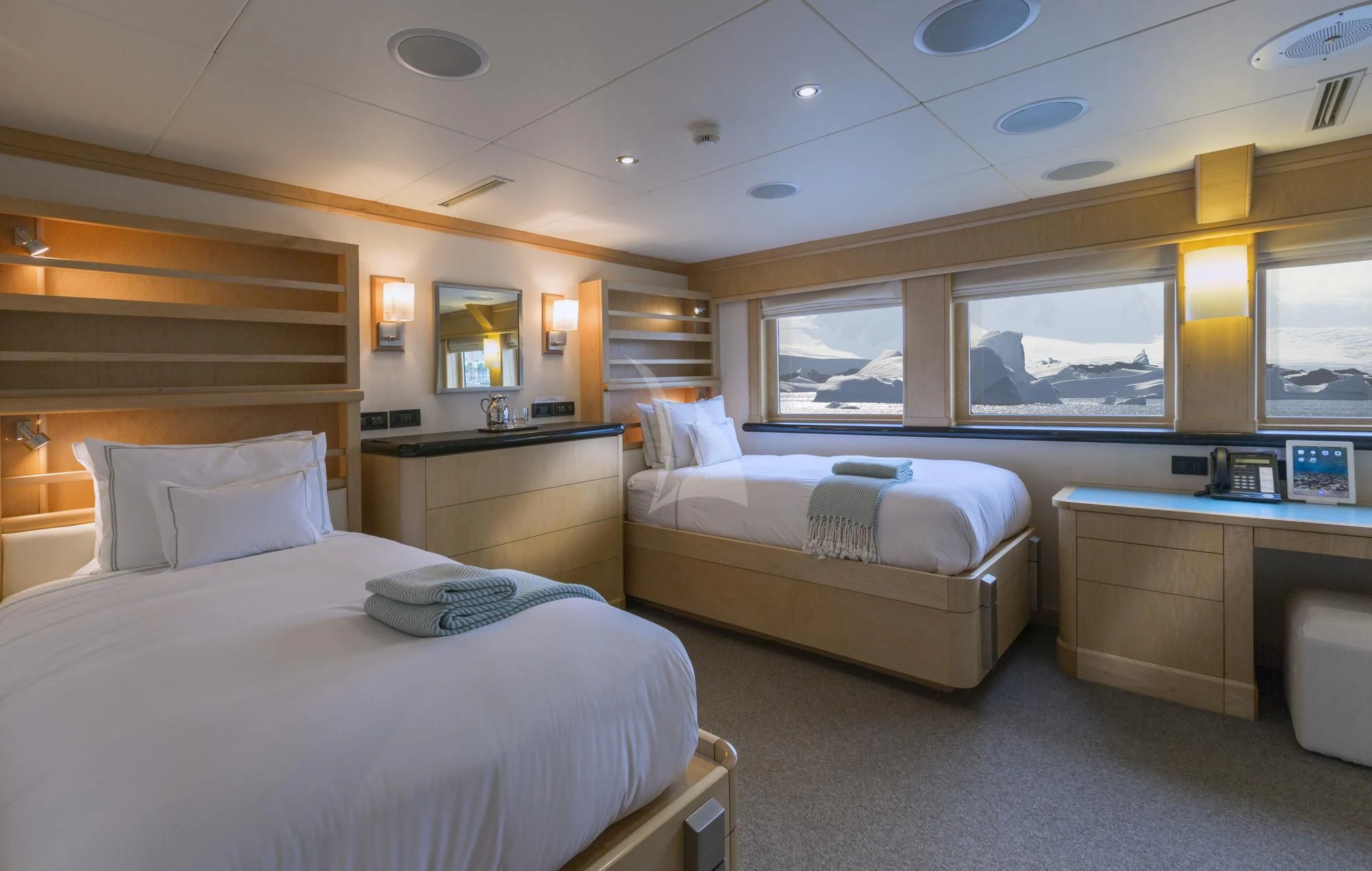 a room with two beds aboard HYDRA Yacht for Sale