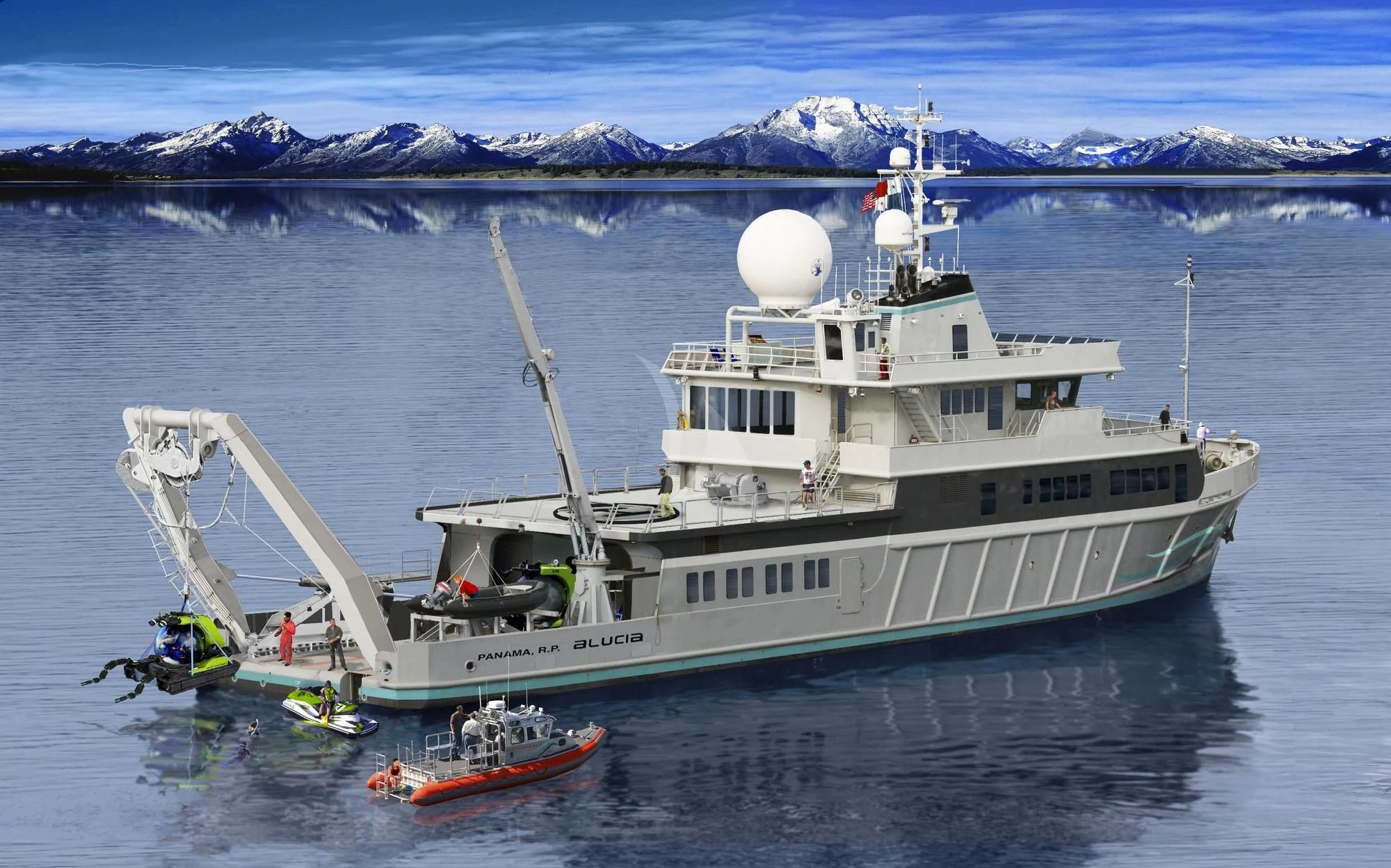 a large white ship with a ladder attached to it aboard HYDRA Yacht for Sale