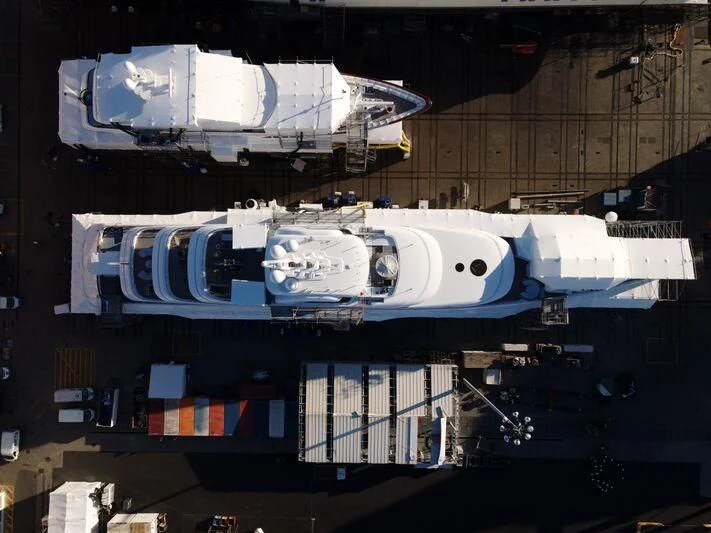 a large white ship in a large room aboard ZEN Yacht for Charter
