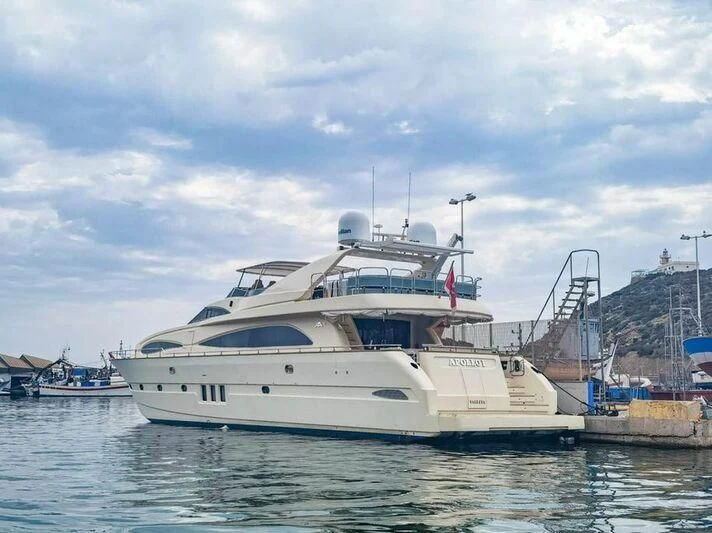 a white boat in the water aboard APOLLO I Yacht for Sale