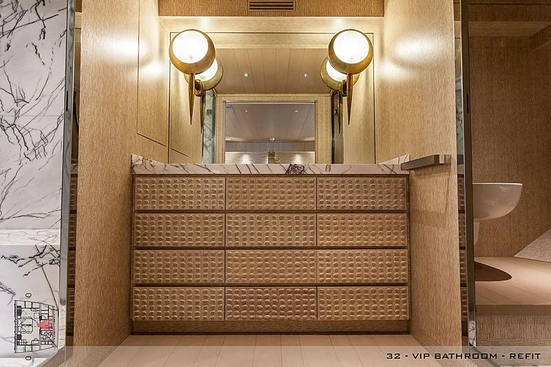 a bathroom with a large mirror aboard A2 Yacht for Sale
