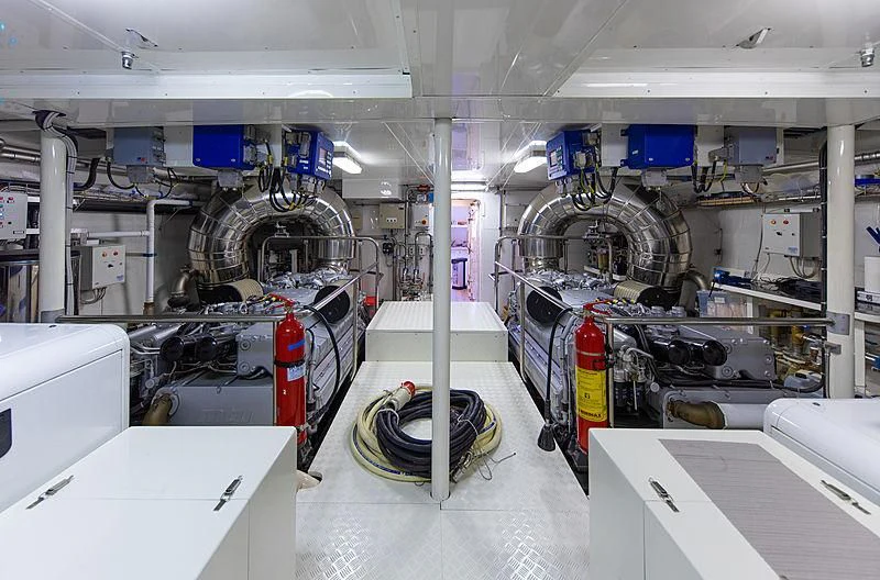 a room with machinery and pipes aboard A2 Yacht for Sale