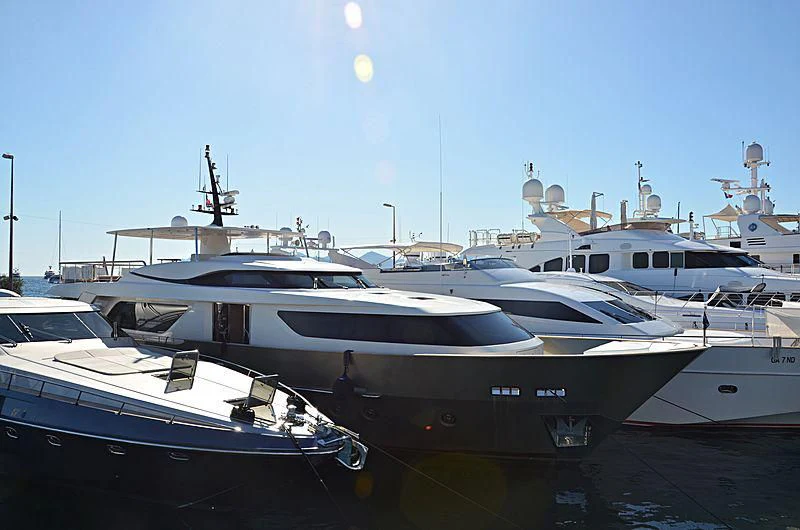 a group of boats in a harbor aboard MAI Yacht for Sale