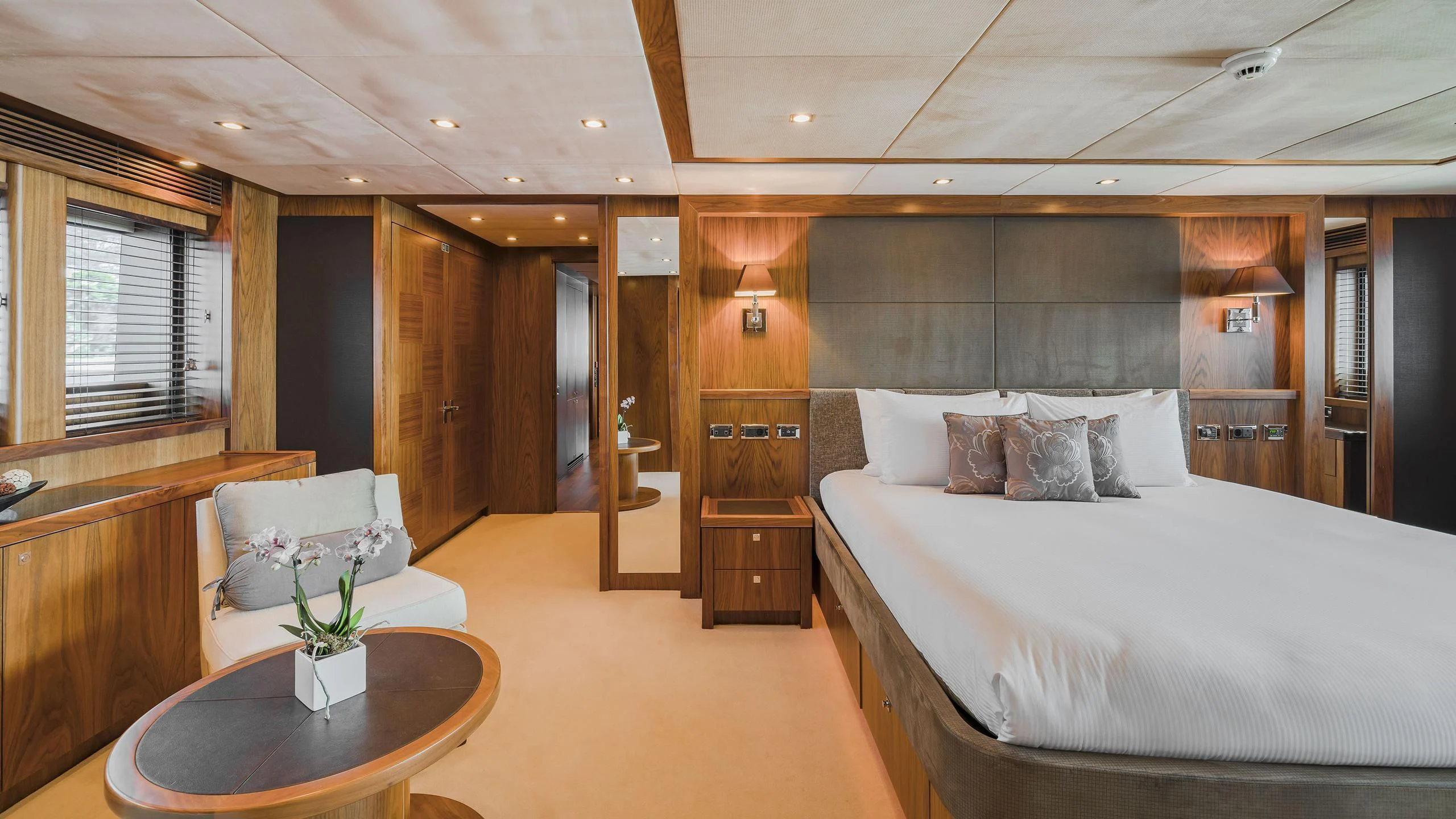 a large bed in a room aboard THE DEVOCEAN Yacht for Sale