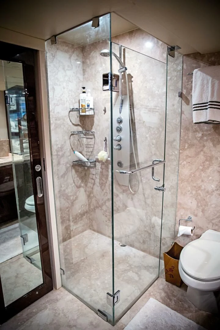 a shower with a glass door aboard LOVIN LIFE Yacht for Sale