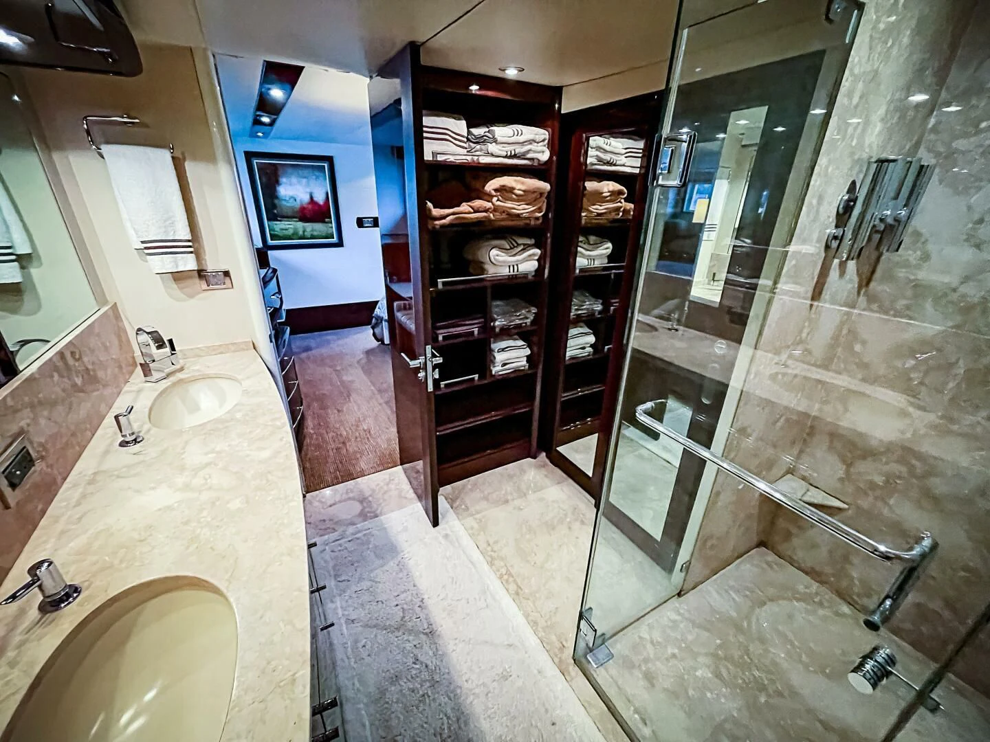 a bathroom with a glass shower aboard LOVIN LIFE Yacht for Sale