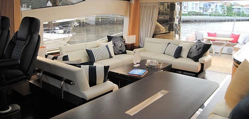 a living room with a large window aboard LIMITLESS Yacht for Sale