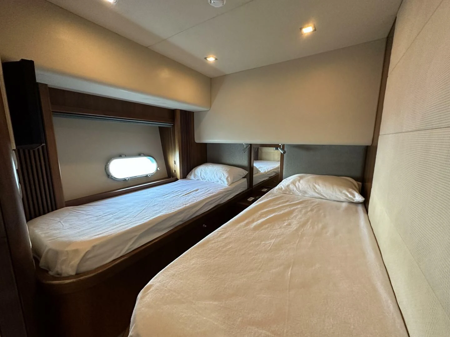 a couple of beds in a room aboard LOW PROFILE Yacht for Sale