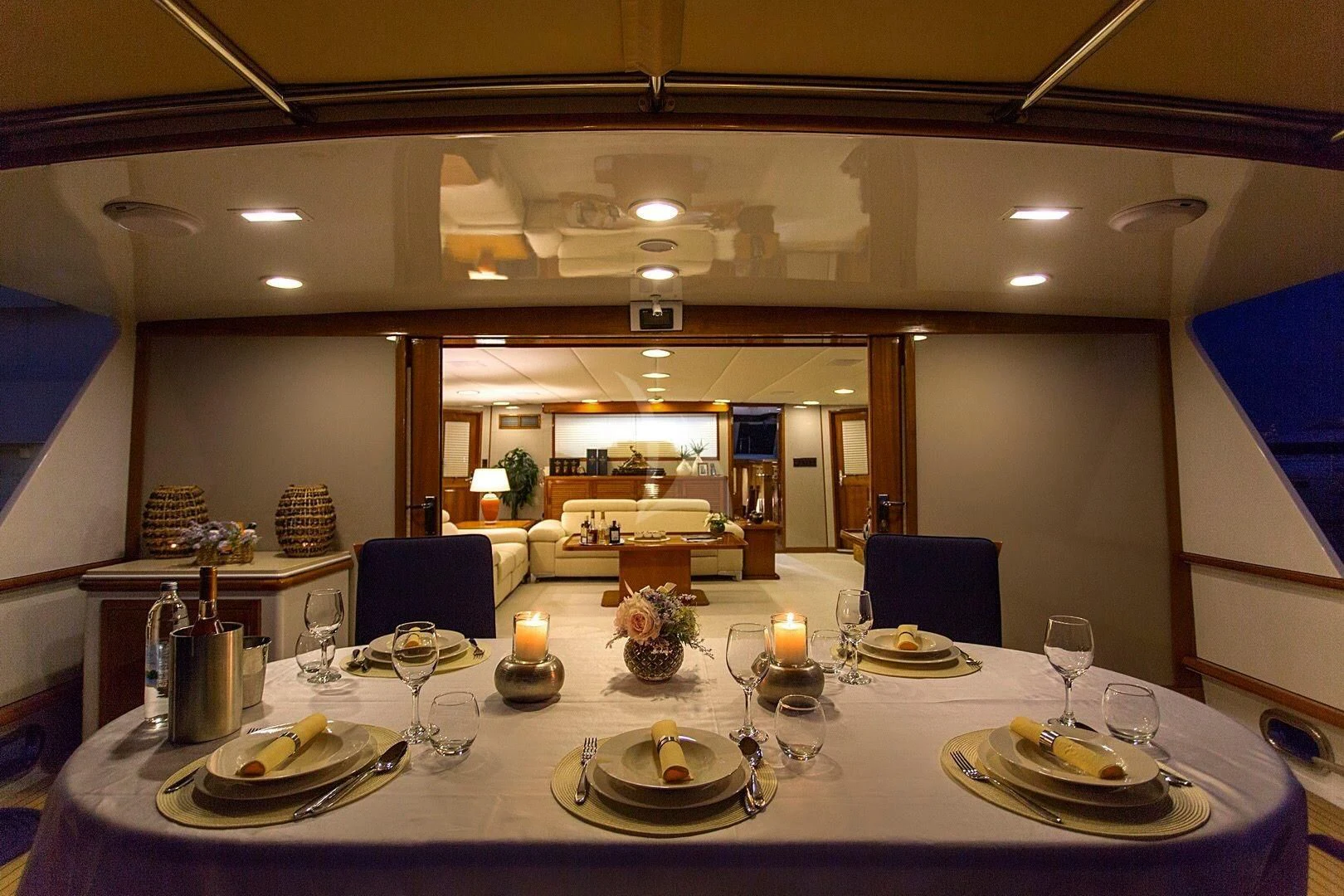 a large dining room with a table set for a meal aboard ADRIATIC ESCAPE Yacht for Sale
