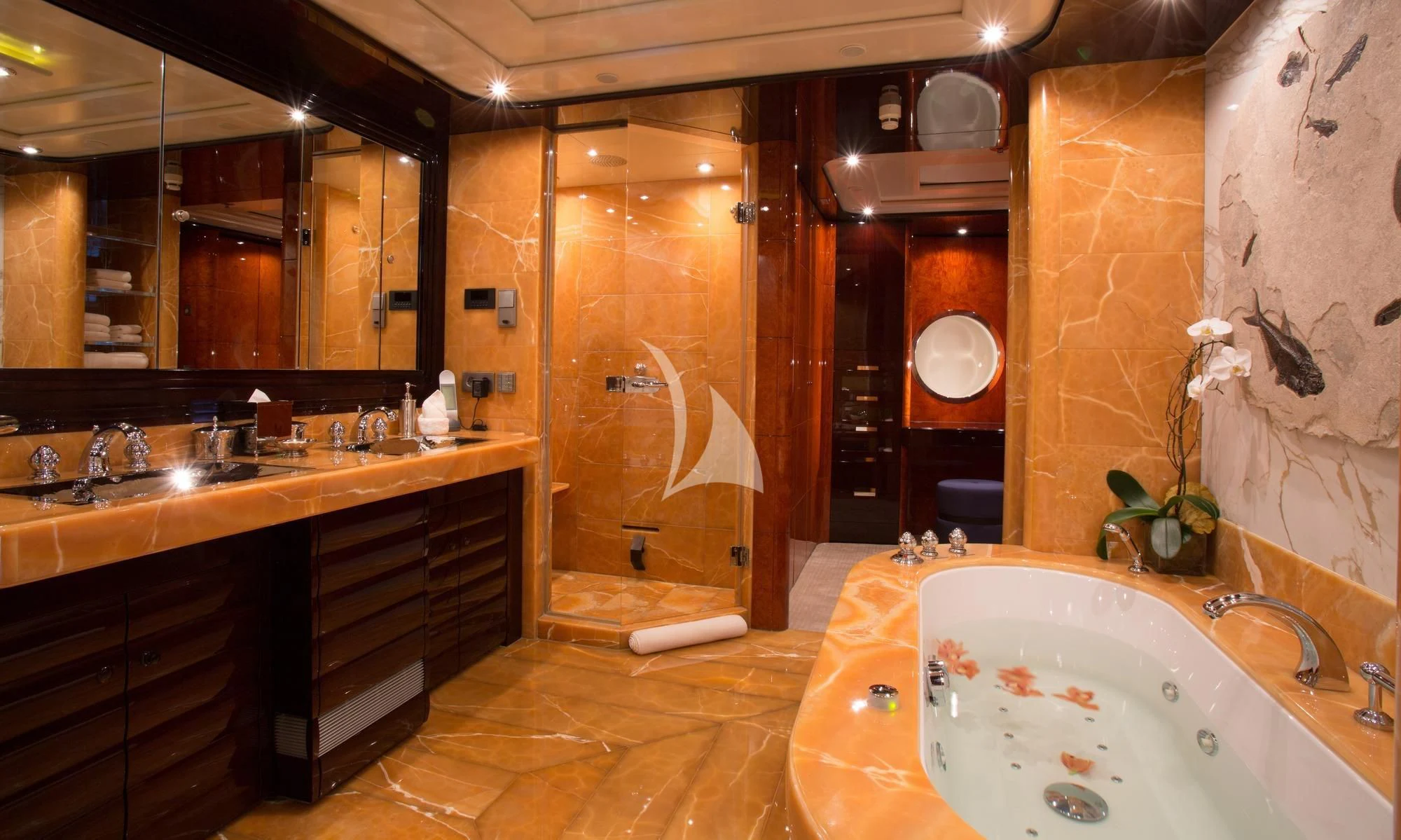 a bathroom with a large shower aboard DREAM Yacht for Sale