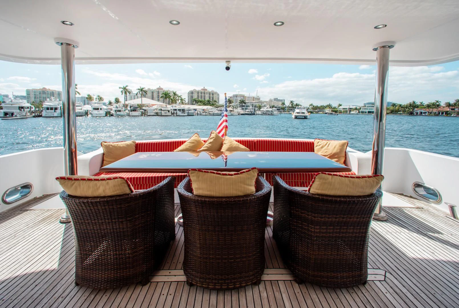 a table with baskets and towels on it aboard BOXES II Yacht for Sale