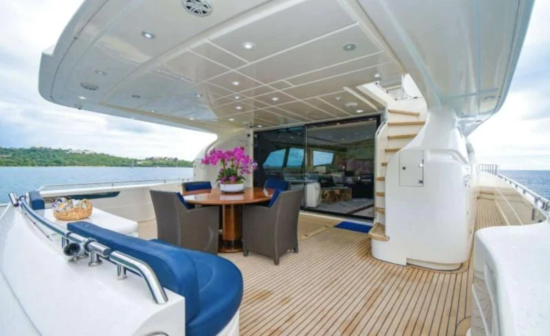 a boat on a deck aboard INDULGE II Yacht for Sale