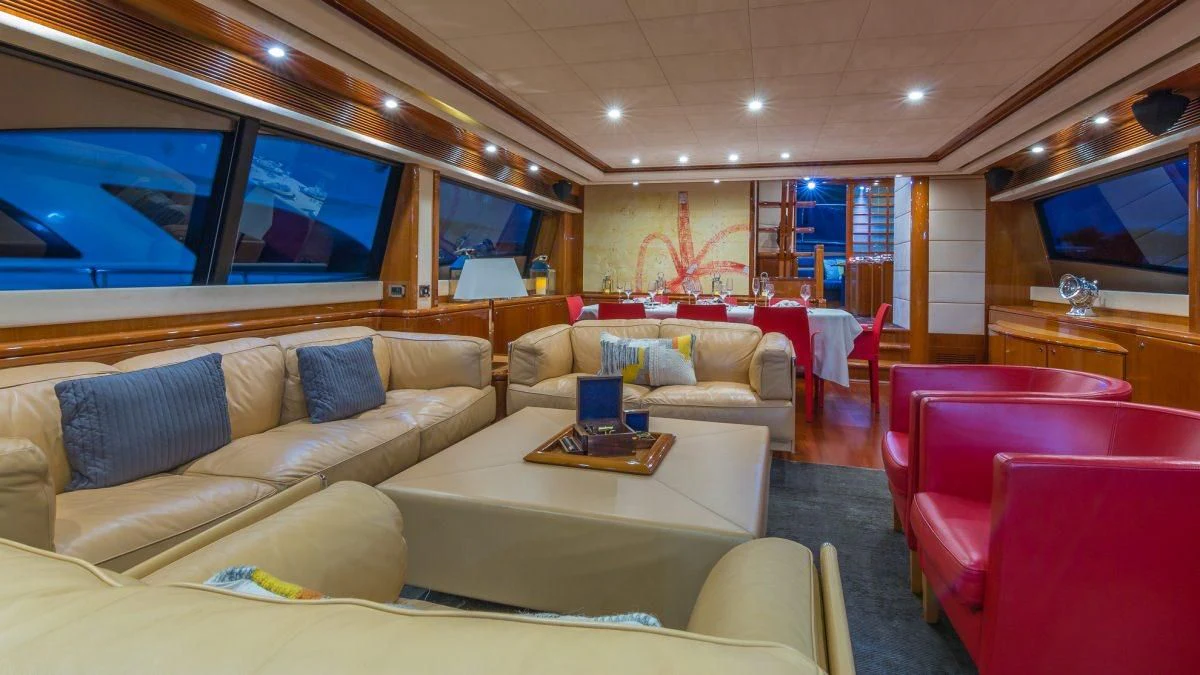 a living room with a large screen aboard INDULGE II Yacht for Sale