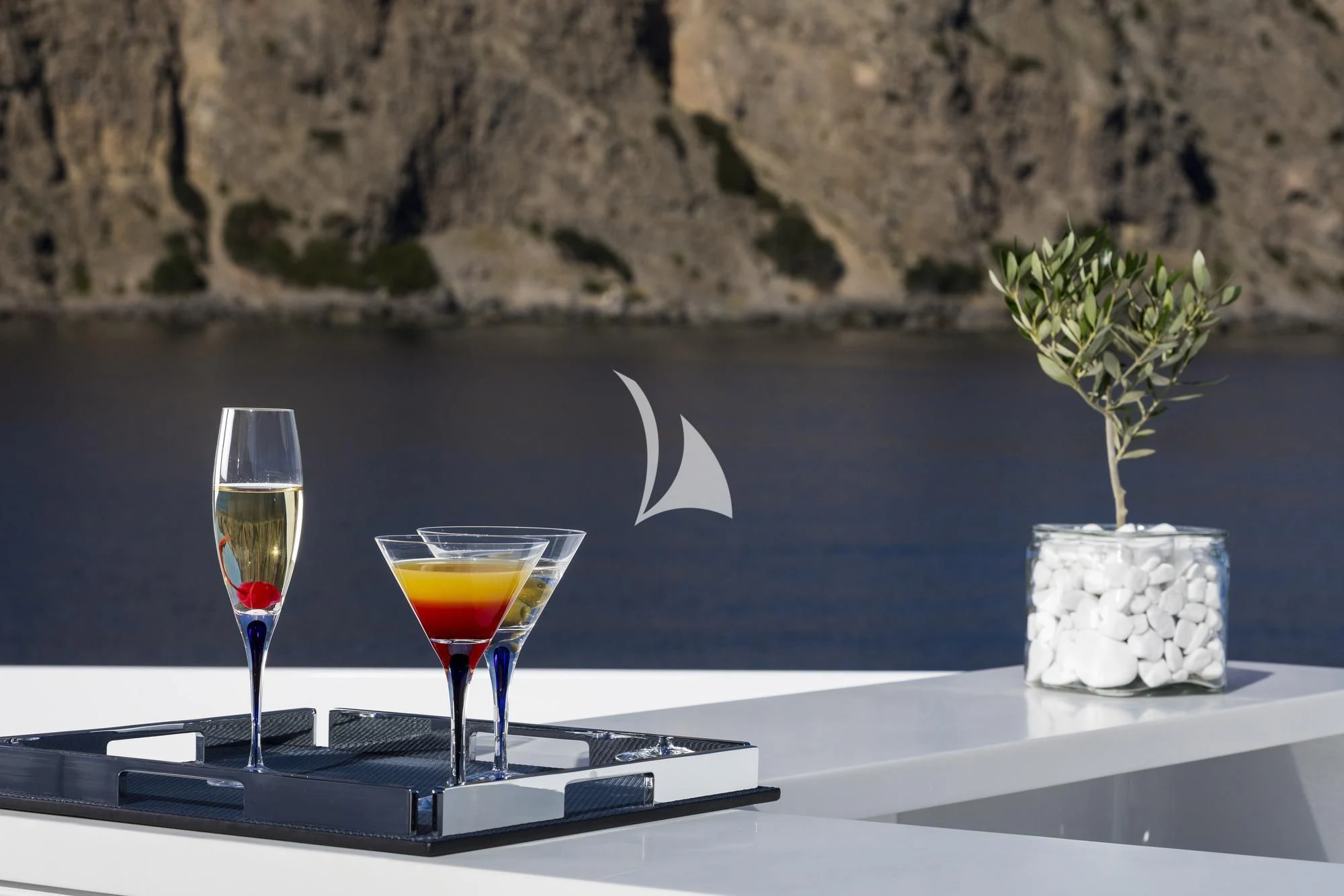 a couple of glasses of wine on a table with a plant and a candle aboard SOLE DI MARE Yacht for Sale