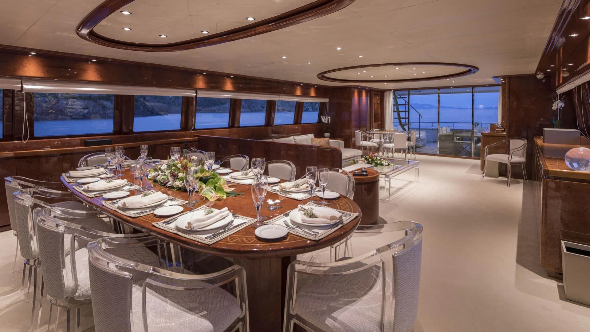 a large dining room with tables and chairs aboard SOLE DI MARE Yacht for Sale